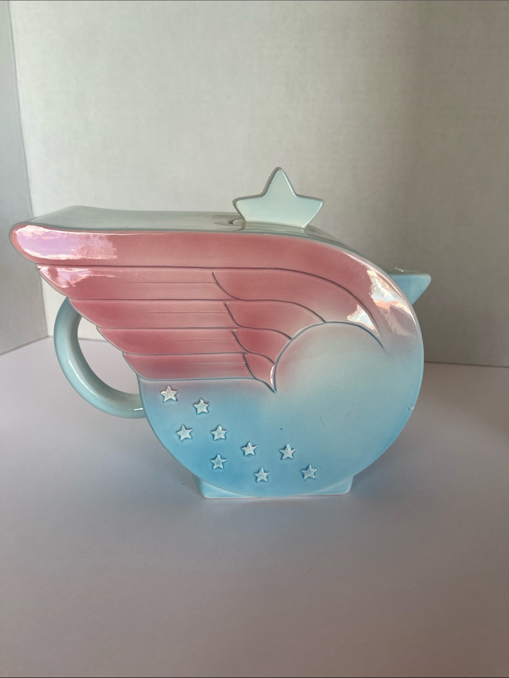 Pelzman 1979 Pastel Pink and Blue Winged Ceramic Teapot - Charming Star Accent